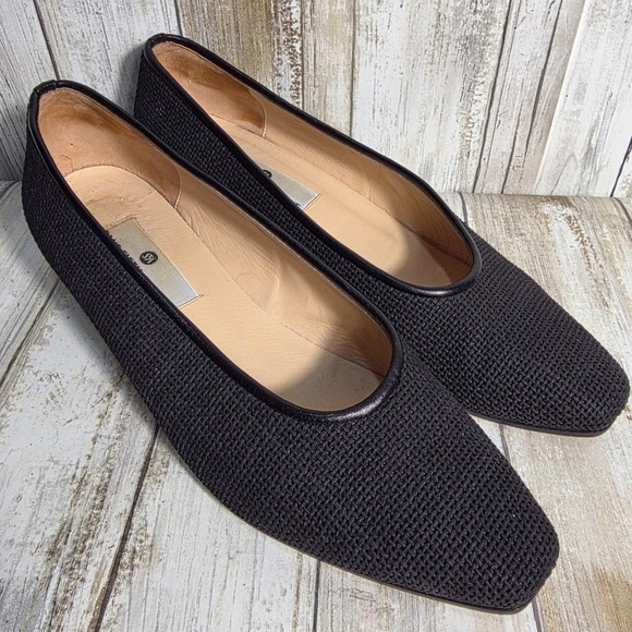 Saks Fifth Avenue Shoes - Saks Fifth Avenue Black Mesh Square Toe Low Block Heel Pumps Made in Italy